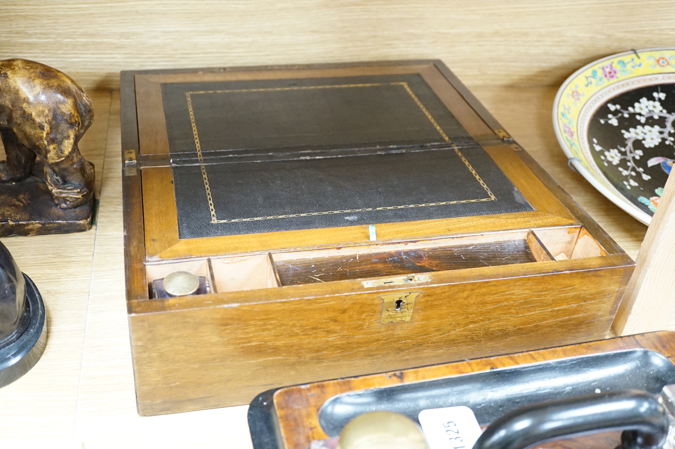 A fitted ink/desk stand and a writing slope, inkstand 36cm x 25cm deep (2)